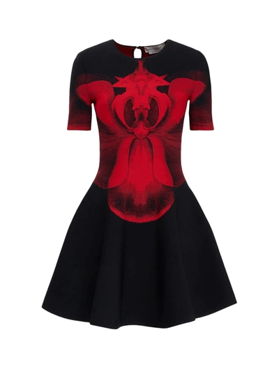 Shop Alexander Mcqueen Flared Jacquard Flower Mini Dress In Black