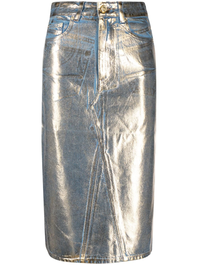 Shop Ganni Blue Metallic-denim Skirt
