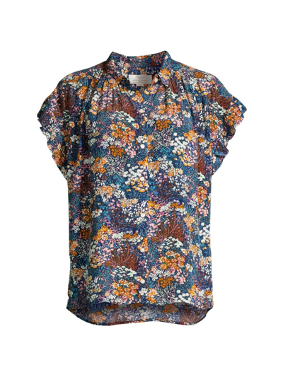 Shop Birds Of Paradis Women's Marianne "b" Floral Ruffled Top In Blue Multi