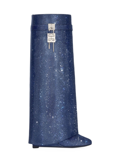 Shop Givenchy Women's Shark Lock Boots In Satin With Strass In Oil Blue