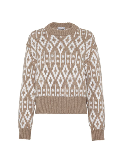 Shop Brunello Cucinelli Women's Dazzling Vintage Jacquard Sweater In Cashmere Feather Yarn In Light Brown