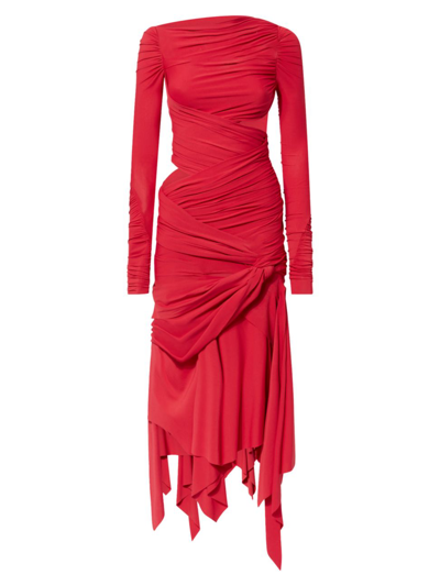 Shop Attico Women's Ruched Asymmetrical Jersey Midi Dress In Vibrant Red