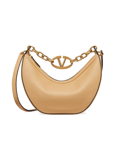 Shop Valentino Women's Small Vlogo Moon Hobo Bag In Leather With Chain In Cappuccino