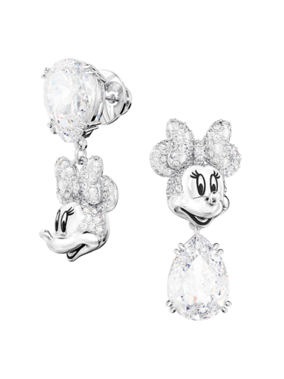 Shop Swarovski Women's Disney100 Rhodium-plated &  Crystal Minnie Mouse Asymmetric Drop Earrings In Silver