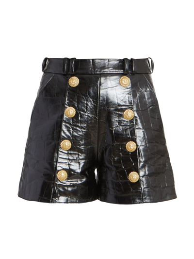 Shop Balmain Women's Embossed Leather Shorts In Black
