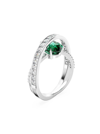 Shop Swarovski Women's Hyperbola Rhodium-plated &  Crystal Double-band Cocktail Ring In Green