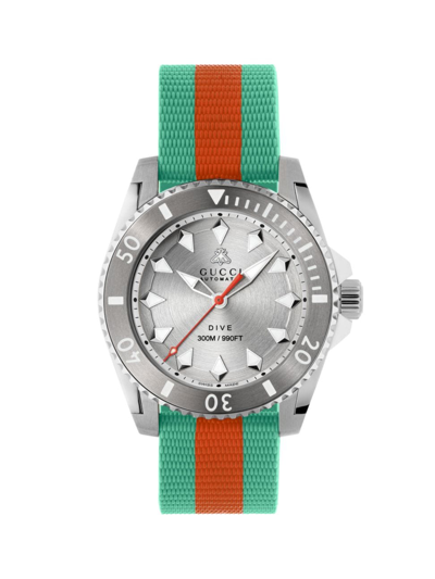 Shop Gucci Men's  Dive Steel & Rubber Strap Watch/40mm In Turquoise Orange