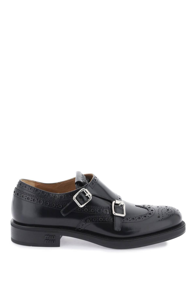 Miu Miu Brogue Leather Double Monk Loafers In Black