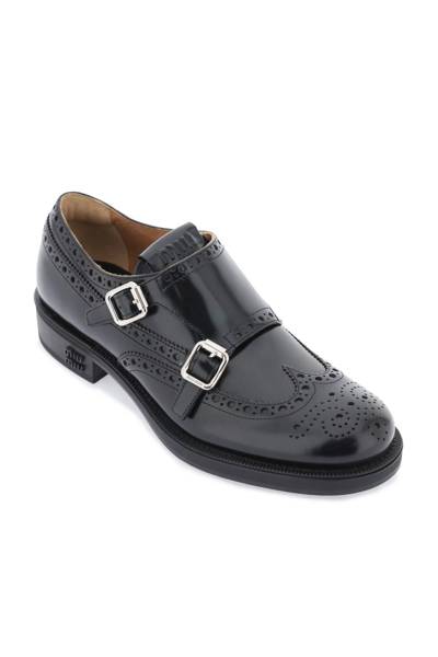 Miu Miu Brogue Leather Double Monk Loafers In Black
