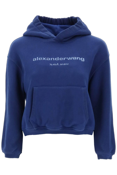 Shop Alexander Wang Cropped Hoodie With Glitter Logo In Blue