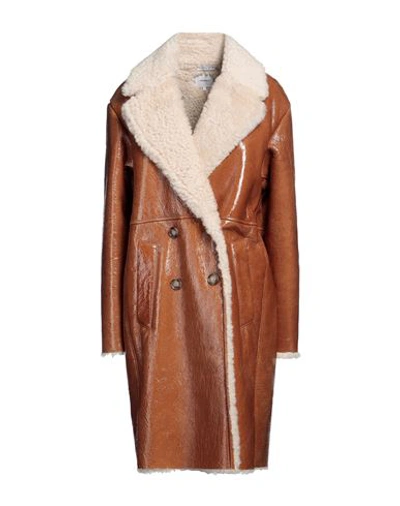 Shop Halfboy Woman Coat Camel Size L Ovine Leather In Beige