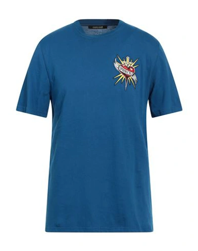 Shop Roberto Cavalli Man T-shirt Azure Size L Cotton In Blue