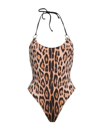 Shop Roberto Cavalli Woman One-piece Swimsuit Camel Size S Polyester, Elastane In Beige