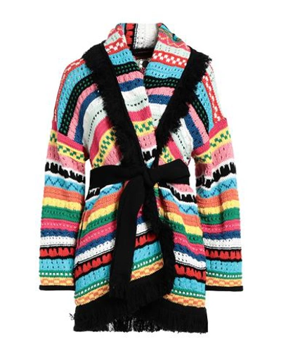 Alanui Over The Horizon Striped Belted Open-knit Cotton Cardigan In Black
