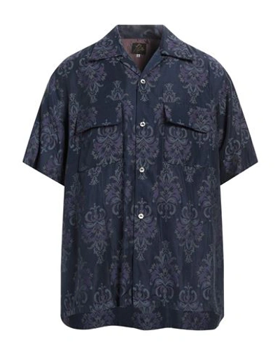 Needles Man Shirt Navy Size M Cupro, Rayon, Silk In Navy Blue