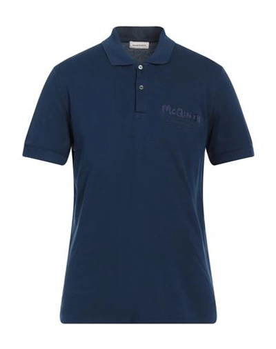 Shop Alexander Mcqueen Man Polo Shirt Navy Blue Size S Cotton, Polyester, Viscose