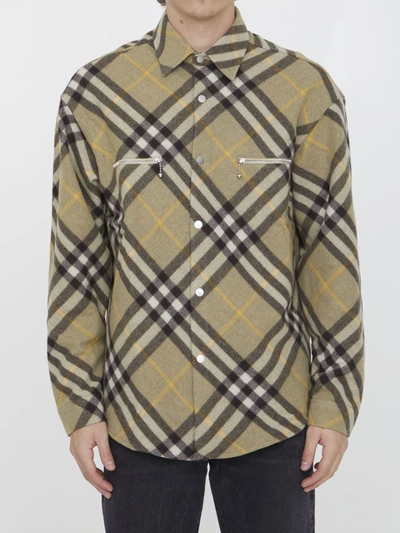 Burberry Check Wool Blend Overshirt In Green
