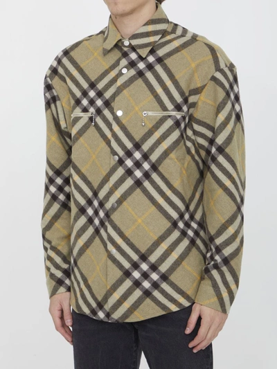 Shop Burberry Check Wool Shirt In Green