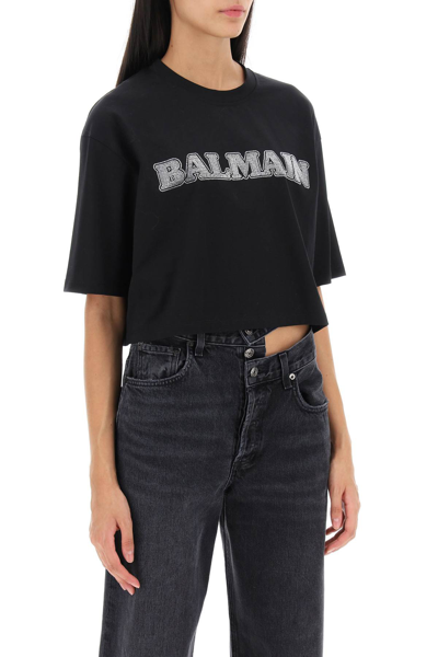 Shop Balmain Rhinestone-studded Logo T-shirt In Noir Cristal (black)