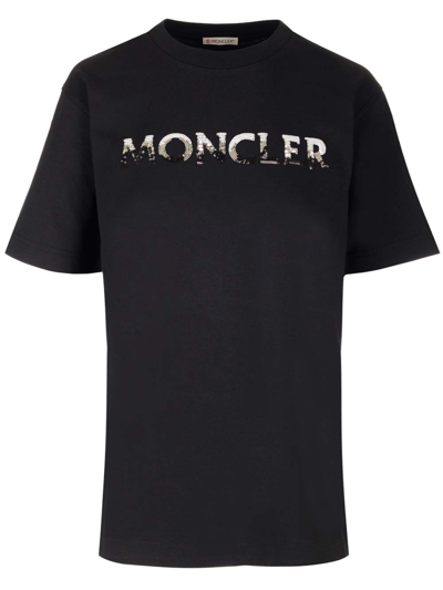 Shop Moncler Sequin Logo T-shirt In Black