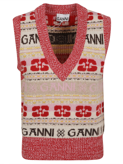 Shop Ganni V-neck Jacquard Knit Vest In Multicolor