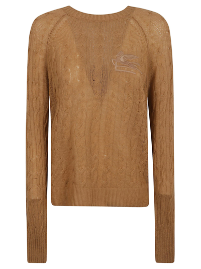Shop Etro Rib Trim Logo Embroidered Cable-knit Sweater In Beige