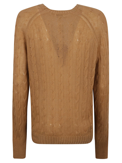 Shop Etro Rib Trim Logo Embroidered Cable-knit Sweater In Beige