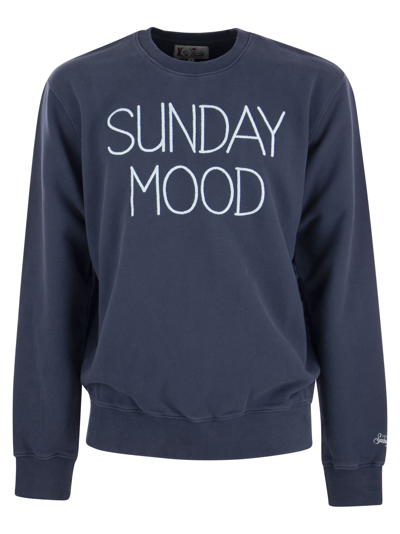 Shop Mc2 Saint Barth Cotton Sweatshirt With Sunday Mood Lettering In Avio