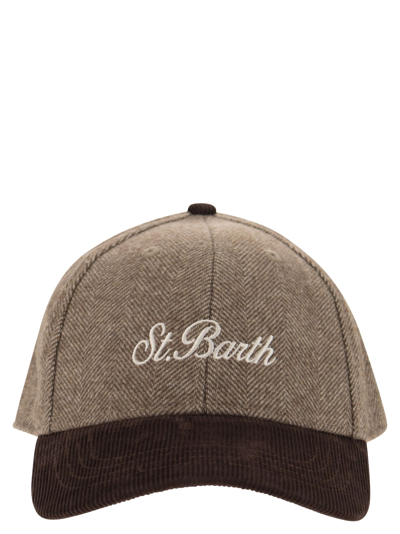 Shop Mc2 Saint Barth Baseball Cap In Herringbone Fabric With Embroidery In Beige