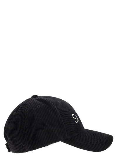 Shop Mc2 Saint Barth Corduroy Baseball Cap With Embroidery In Black