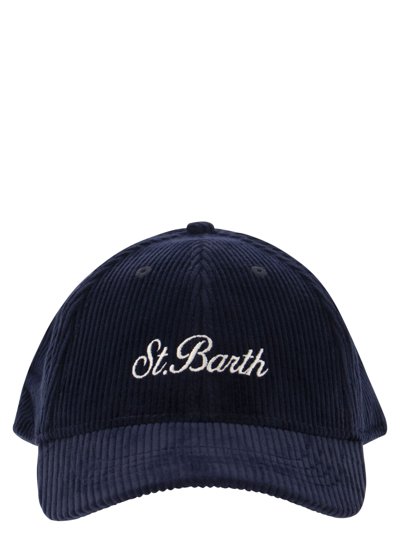 Shop Mc2 Saint Barth Corduroy Baseball Cap With Embroidery In Blue