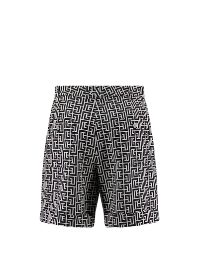 Shop Balmain Wool Bermuda Shorts With All-over Monogram
