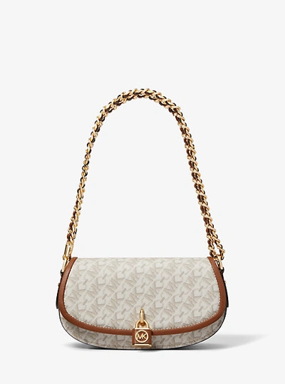 Shop Michael Kors Mila Small Empire Signature Logo Shoulder Bag In Brown