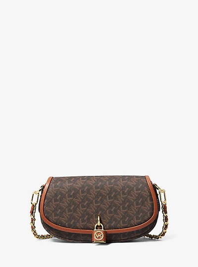 Shop Michael Kors Mila Small Empire Signature Logo Shoulder Bag In Brown