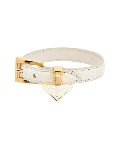 Shop Prada Logo Plated Saffiano Leather Enamel Triangle Charm Bracelet In White