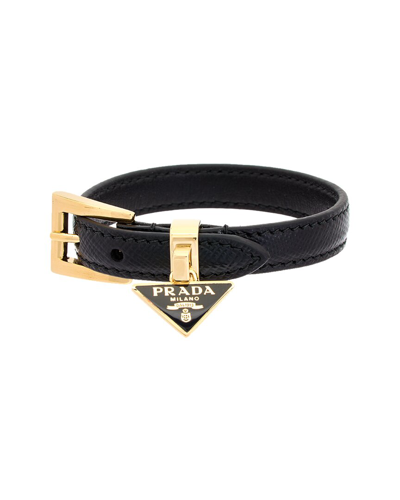 Shop Prada Logo Plated Saffiano Leather Enamel Triangle Charm Bracelet In Black