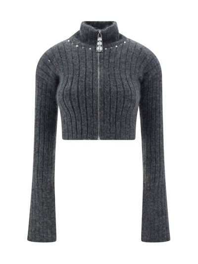 Shop Alessandra Rich Embellished Knitted Cardigan In Grey