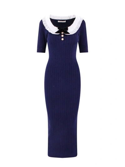 Shop Alessandra Rich Ribbed Cotton Dress With Frontal Buttons With Pearls