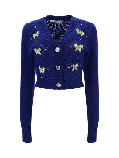 Shop Alessandra Rich Butterfly Embroidered Buttoned Cardigan In Blue
