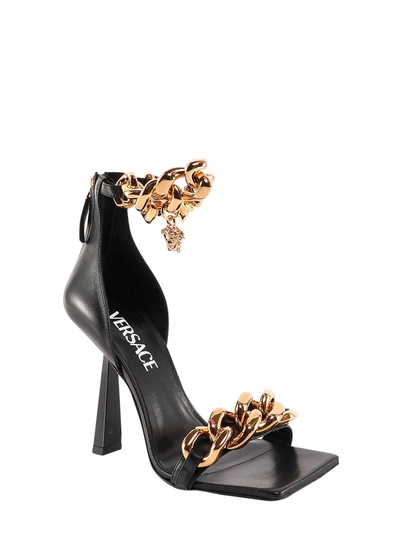 Shop Versace Leather Sandals With Metal Chain Detail