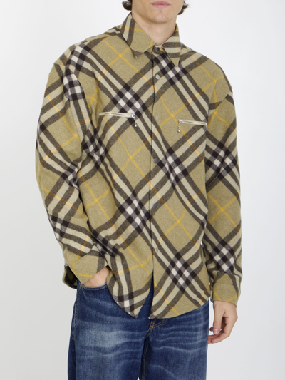 Shop Burberry Check Wool Shirt In Green