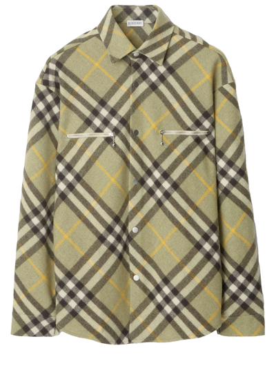 Shop Burberry Check Wool Shirt In Green