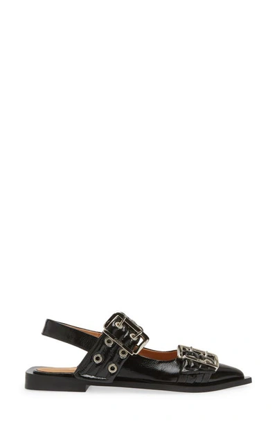 Ganni Snake Textured Pointed Toe Ballerina In Black