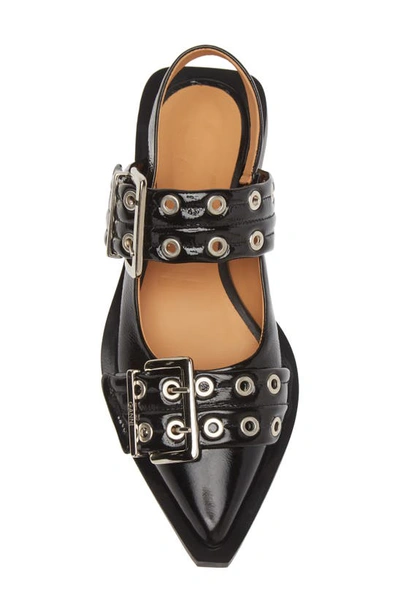 Ganni Snake Textured Pointed Toe Ballerina In Black