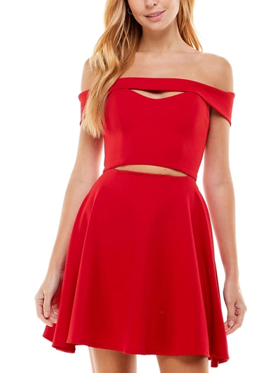 Shop City Studio Juniors Womens Knit Off-the-shoulder Mini Dress In Red