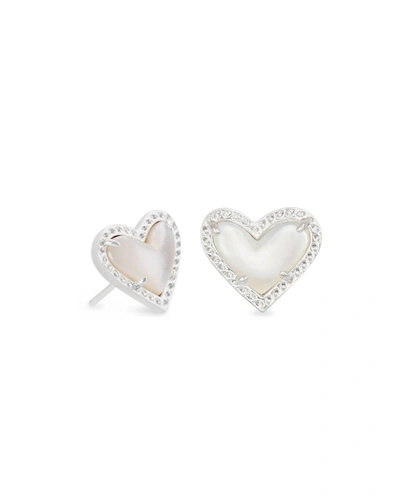 Shop Kendra Scott Ari Heart Silver Stud Earrings In Ivory Mother-of-pearl In Multi