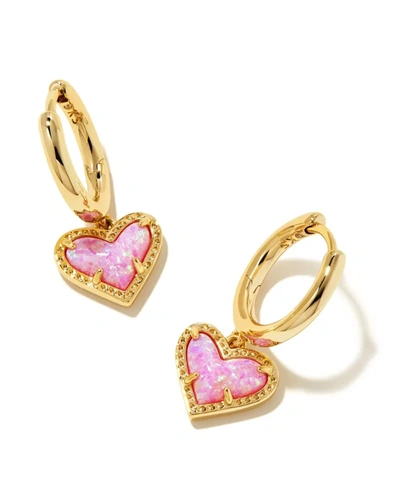 Shop Kendra Scott Ari Heart Gold Huggie Earrings In Bubblegum Pink Kyocera Opal In Multi