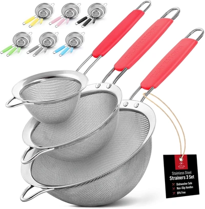 Zulay Kitchen Premium Stainless Steel Fine Mesh Strainer Set In Red
