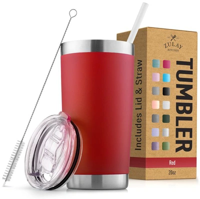 Shop Zulay Kitchen Double Walled Insulated Travel Mug For Hot And Cold Drinks With Lid And Straw In Red