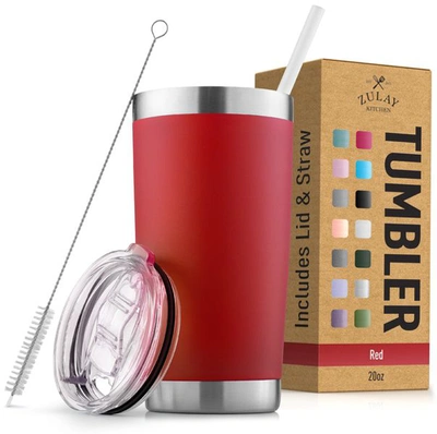 Zulay Kitchen Double Walled Insulated Travel Mug For Hot And Cold Drinks With Lid And Straw In Red
